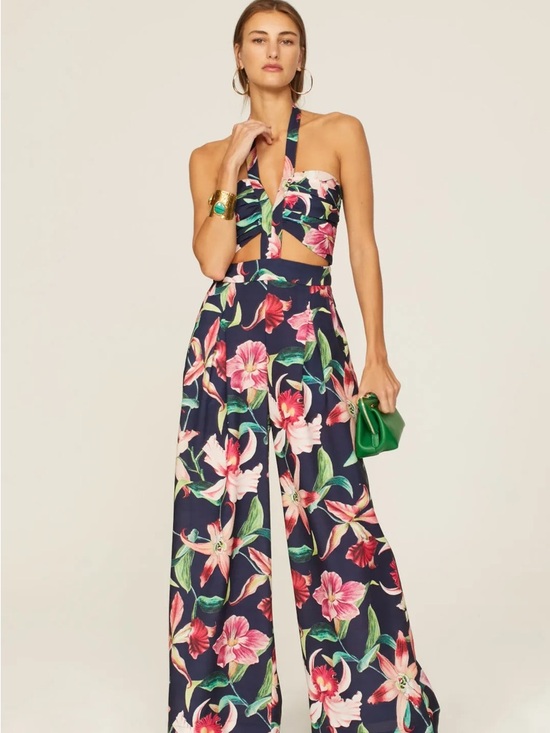 PatBO Pants - PatBO Laelia Cutout Jumpsuit Floral Halter Wide-Leg Jumpsuit in Midnight